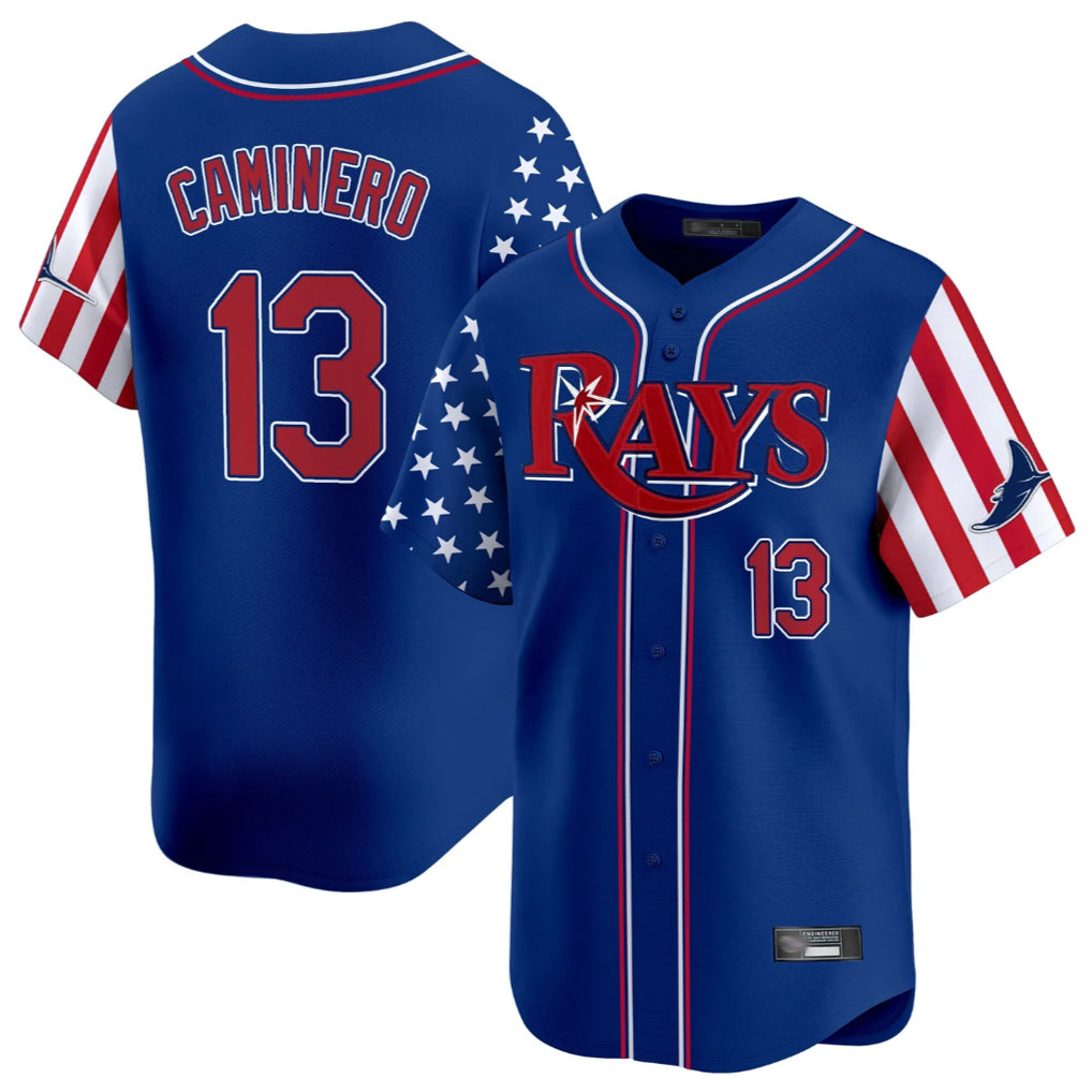 T.Bay Rays #13 Junior Caminero Player Royal 2025 Independence Day Vapor Premier Limited Fdoa Stitched Jerseys