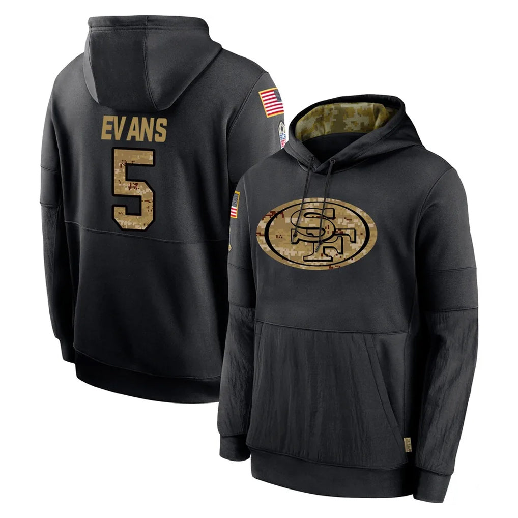 SF.49ers #5 Mike Evans Player Black Salute to Service Sideline Performance Pullover Hoodies Home Game Gdoa Stitched Jerseys