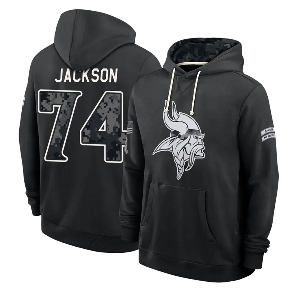 MN.Vikings #74 Donovan Jackson Player 2026 Black Logo Pullover Hoodies Limited Game Gdoa Stitched Jerseys