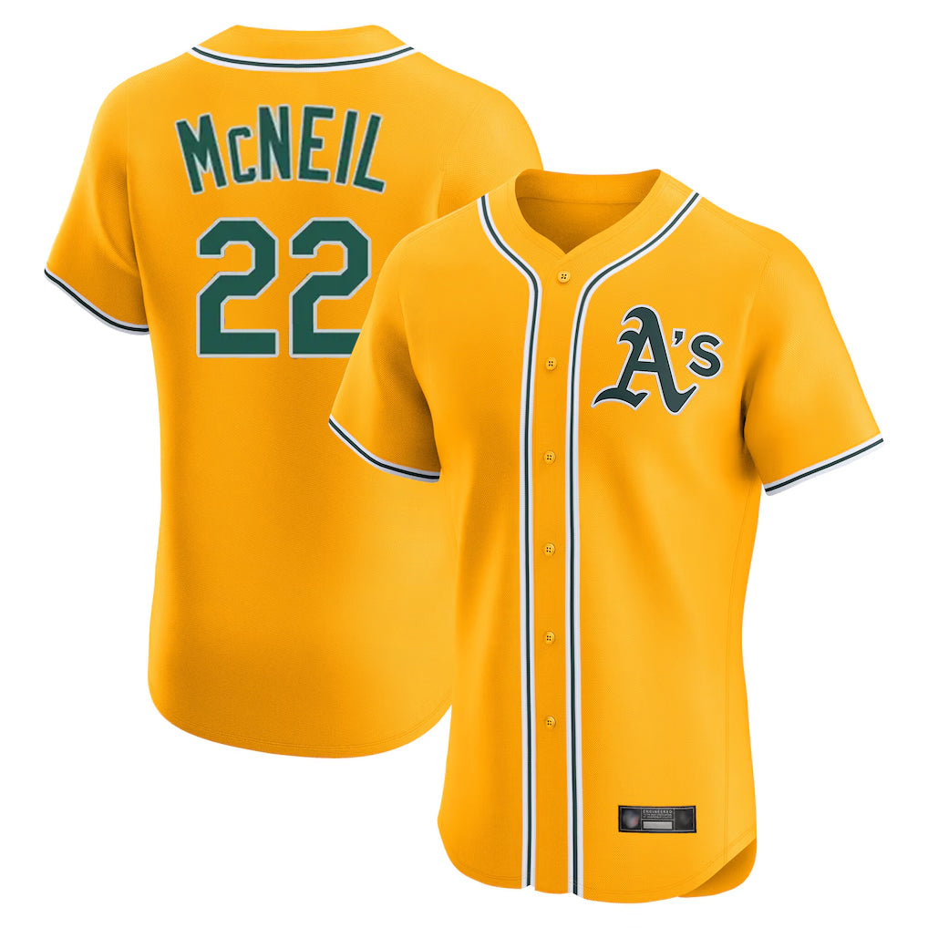Athletics #22 Jeff McNeil Player Gold Limited Elite Home Game Gdoa Stitched Jerseys