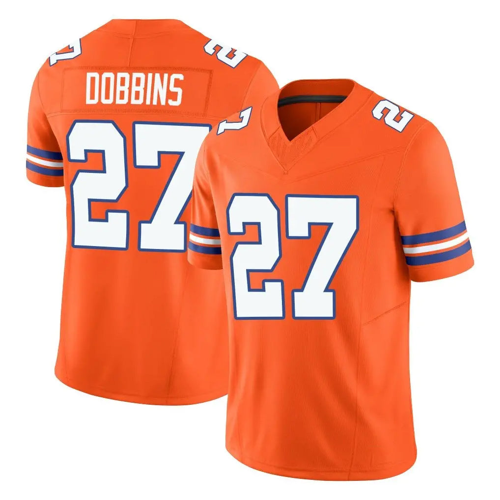 D.Broncos #27 J.K. Dobbins Player Orange Limited Alternate Vapor F.U.S.E. Throwback Game Gdoa Stitched Jerseys