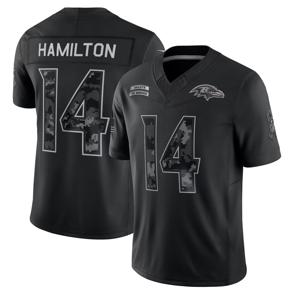 B.Ravens #14 Kyle Hamilton Player Black Limited 2026 Salute to Service Home Game Gdoa Stitched Jerseys
