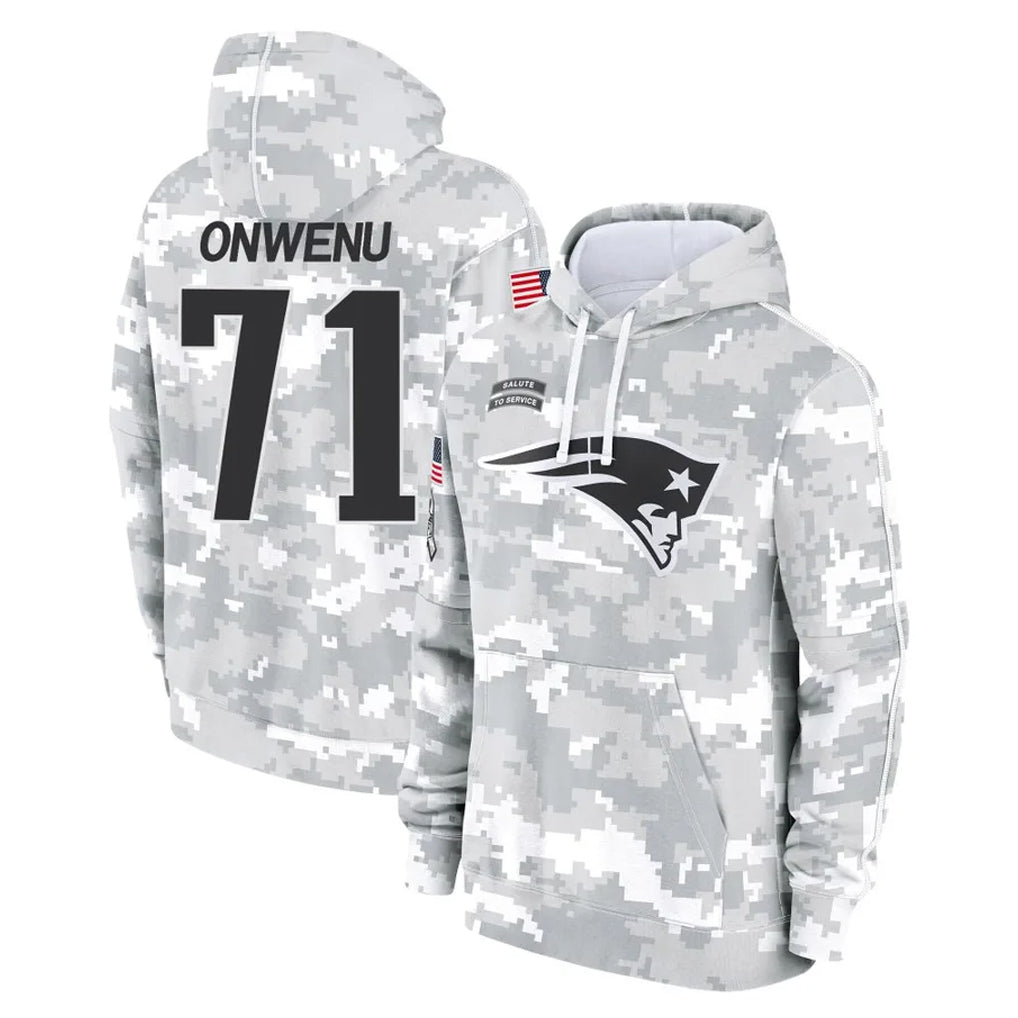 NE.Patriots #71 Mike Onwenu Player Arctic Camo Salute to Service Pullover Hoodies Limited Game Gdoa Stitched Jerseys