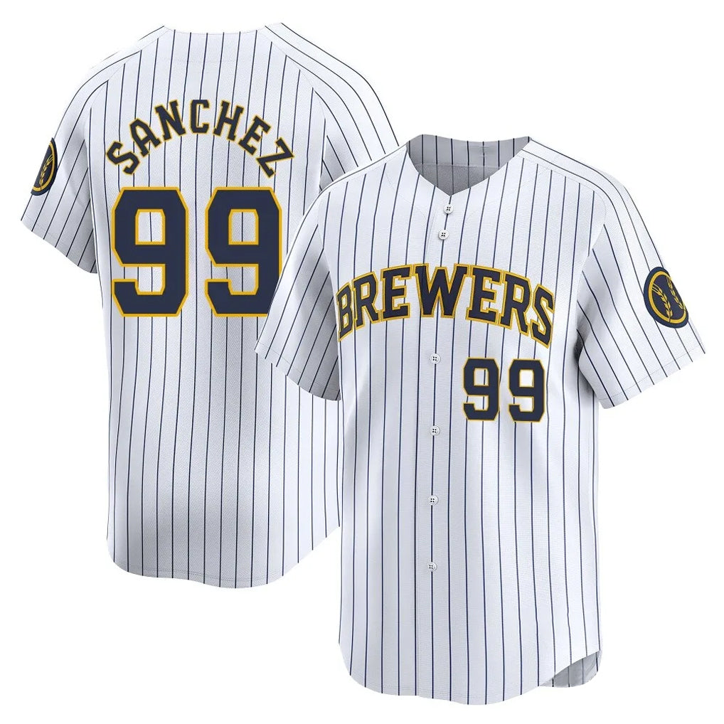 M.Brewers #99 Gary Sanchez Player White Stripes Home Game Fdoa Stitched Jerseys