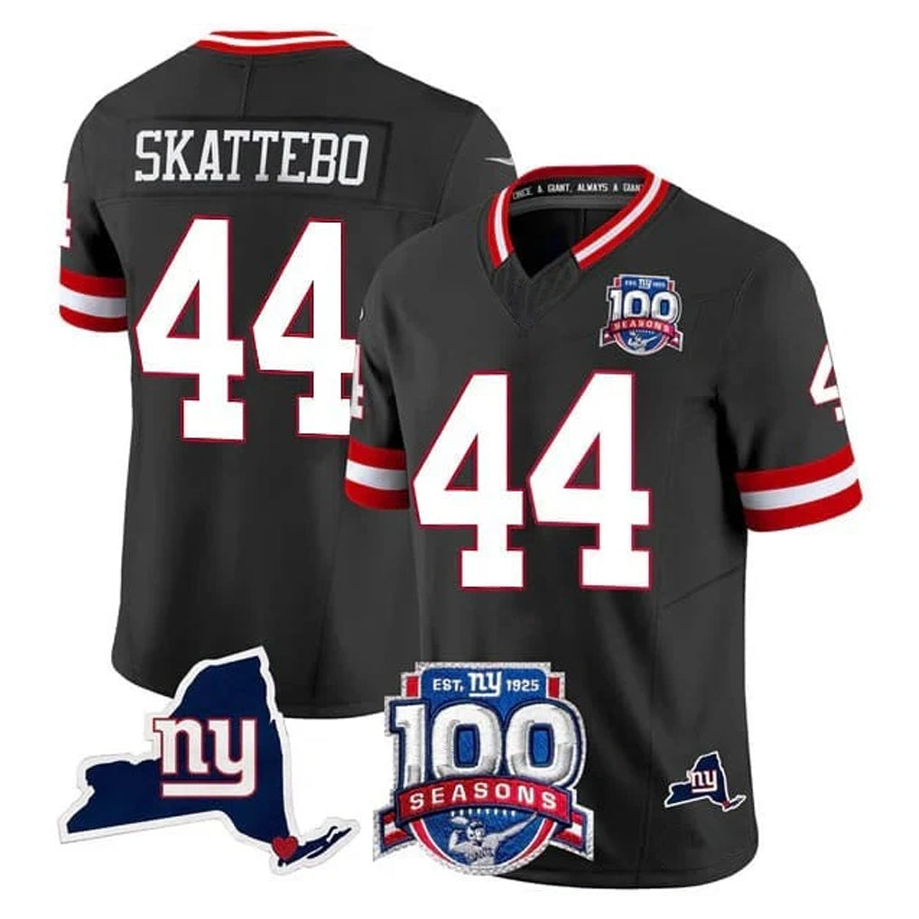 NY.Giants #44 Cam Skattebo Player Black 100th Season & State Patch Vapor Limited Home Game Gdoa Stitched Jerseys