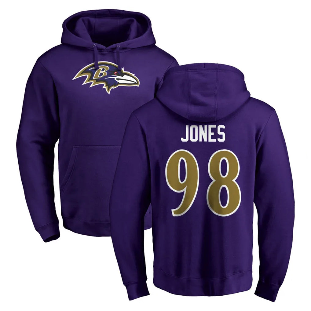 B.Ravens #98 Travis Jones Player Purple Salute to Service Pullover Hoodie Gdoa Stitched Jerseys