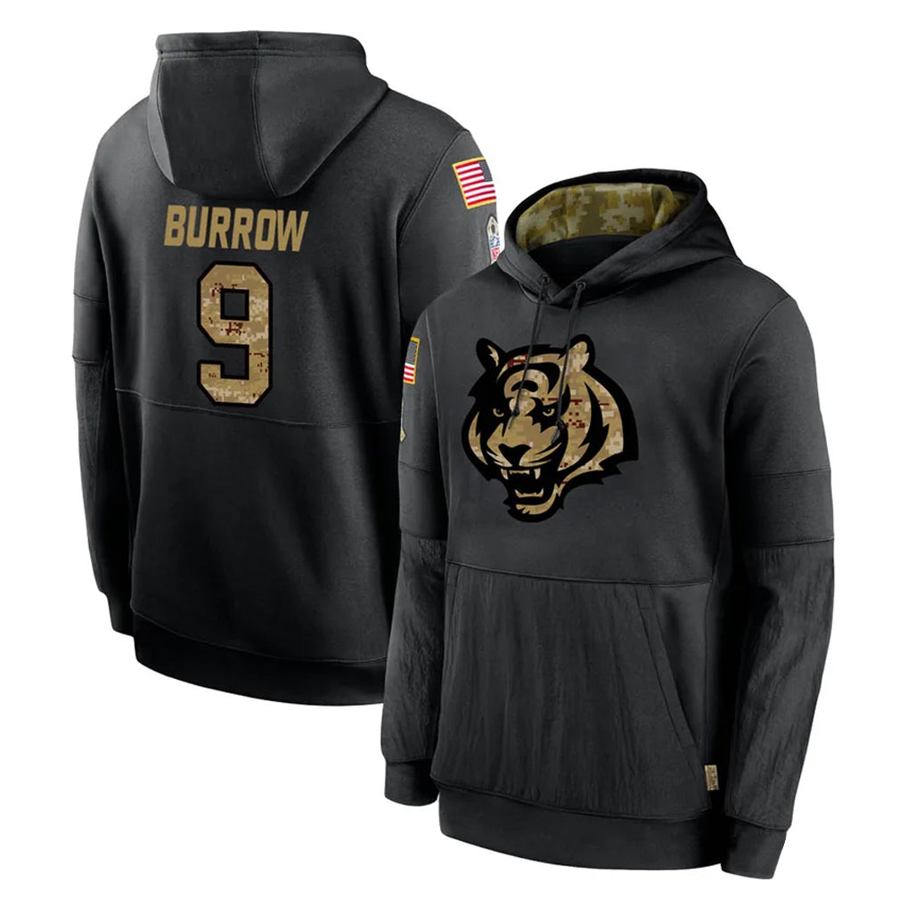 C.Bengals #9 Joe Burrow Player Black Salute to Service Pullover Hoodies Limited Gdoa Stitched Jerseys