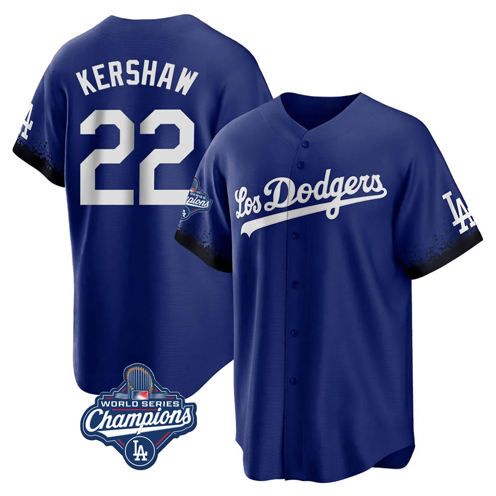 LA.Dodgers #22 Clayton Kershaw Player Royal World Series Meet City Connect Home Game Fdoa Stitched Jerseys
