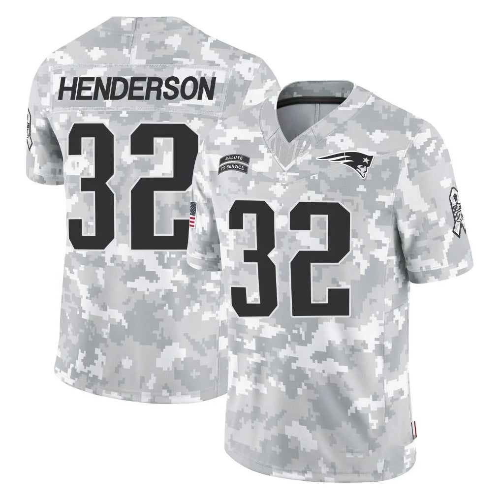 NE.Patriots #32 TreVeyon Henderson Player Arctic Camo Salute To Service Limited Game Gdoa Stitched Jerseys
