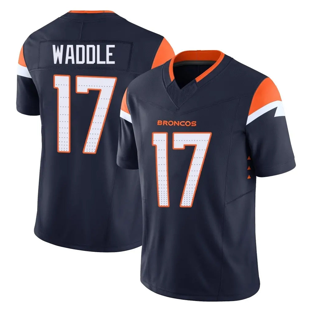 D.Broncos #17 Jaylen Waddle Player Navy Limited Vapor F.U.S.E. Home Game Gdoa Stitched Jerseys