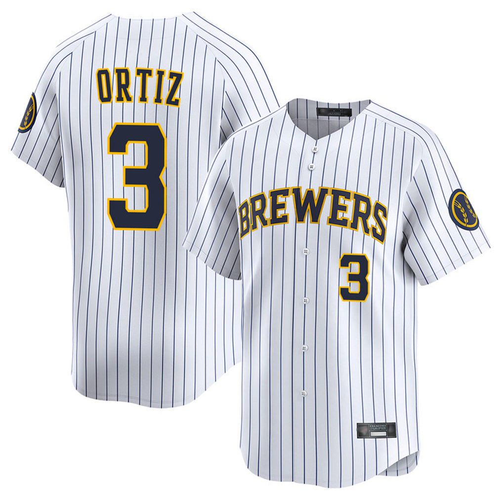 M.Brewers #3 Joey Ortiz Player White Stripes Home Limited Game Fdoa Stitched Jerseys