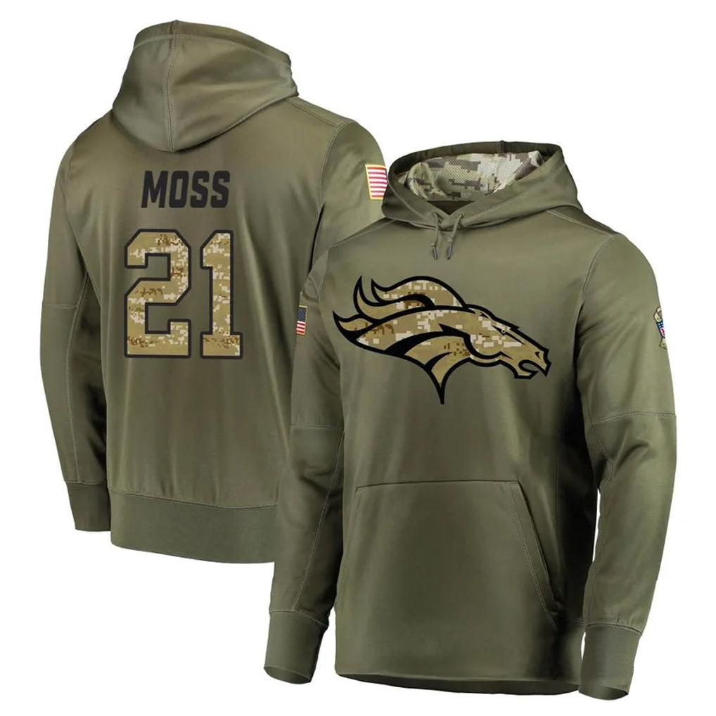 D.Broncos #21 Riley Moss Player Olive Salute to Service Pullover Hoodies Home Game Gdoa Stitched Jerseys
