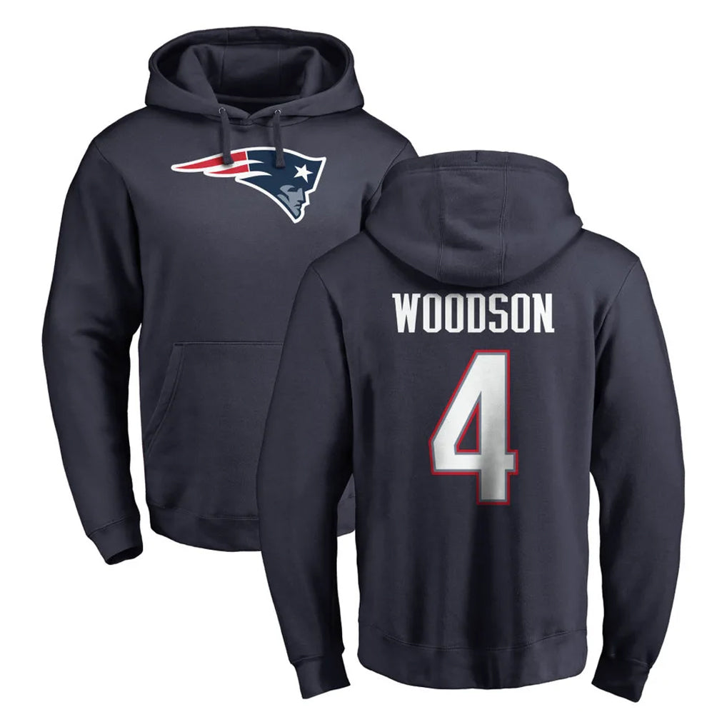 NE.Patriots #4 Craig Woodson Player Navy LOGO Pullover Hoodies Home Game Gdoa Stitched Jerseys