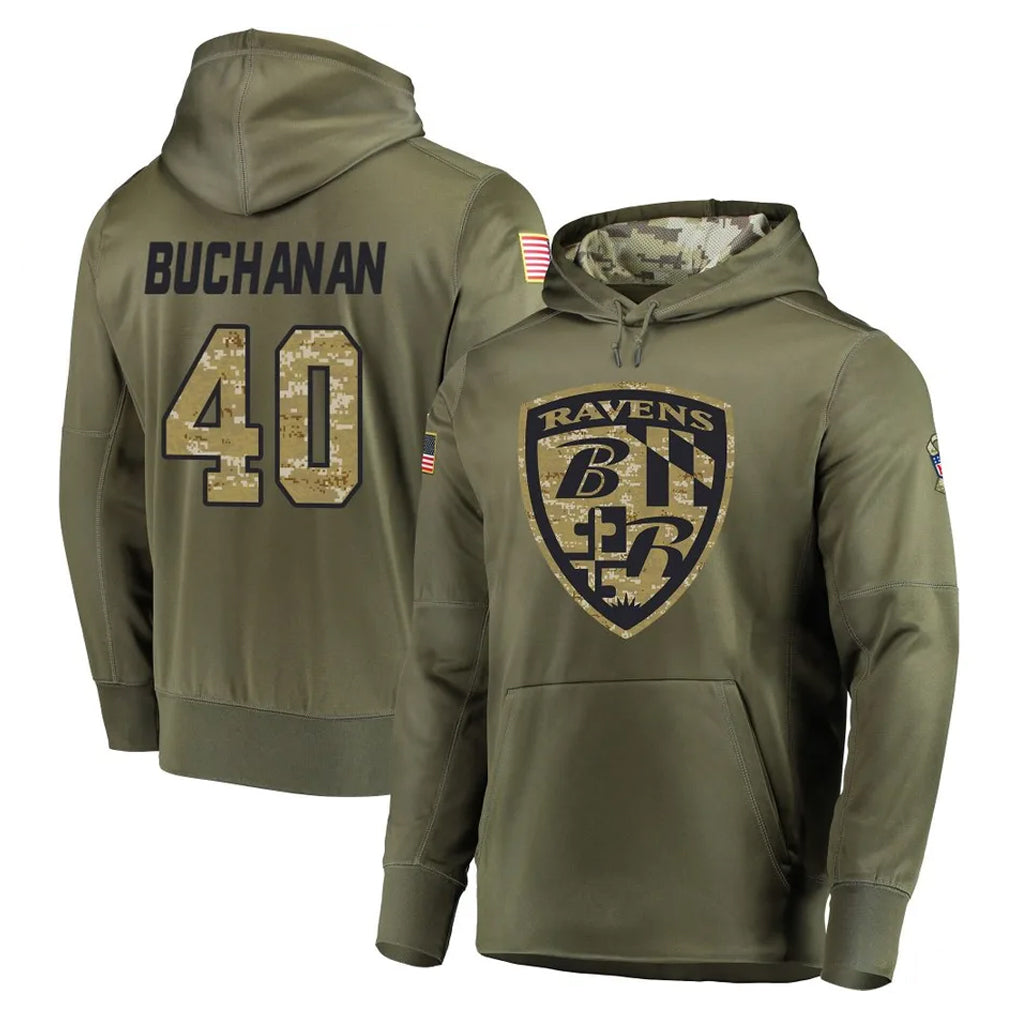 B.Ravens #40 Teddye Buchanan Player Olive Salute to Service Pullover Hoodie Gdoa Stitched Jerseys