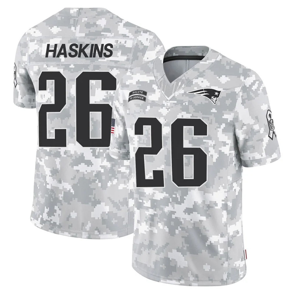NE.Patriots #26 Hassan Haskins Player Arctic Camo Salute To Service Limited Game Gdoa Stitched Jerseys