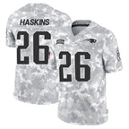 NE.Patriots #26 Hassan Haskins Player Arctic Camo Salute To Service Limited Game Gdoa Stitched Jerseys