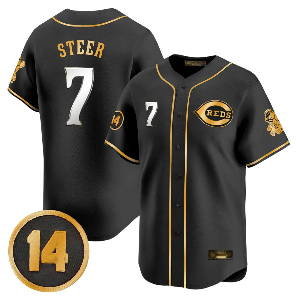 C.Reds #7 Spencer Steer Player Black-Gold Vapor Premier Limited Home Gdoa Stitched Jerseys