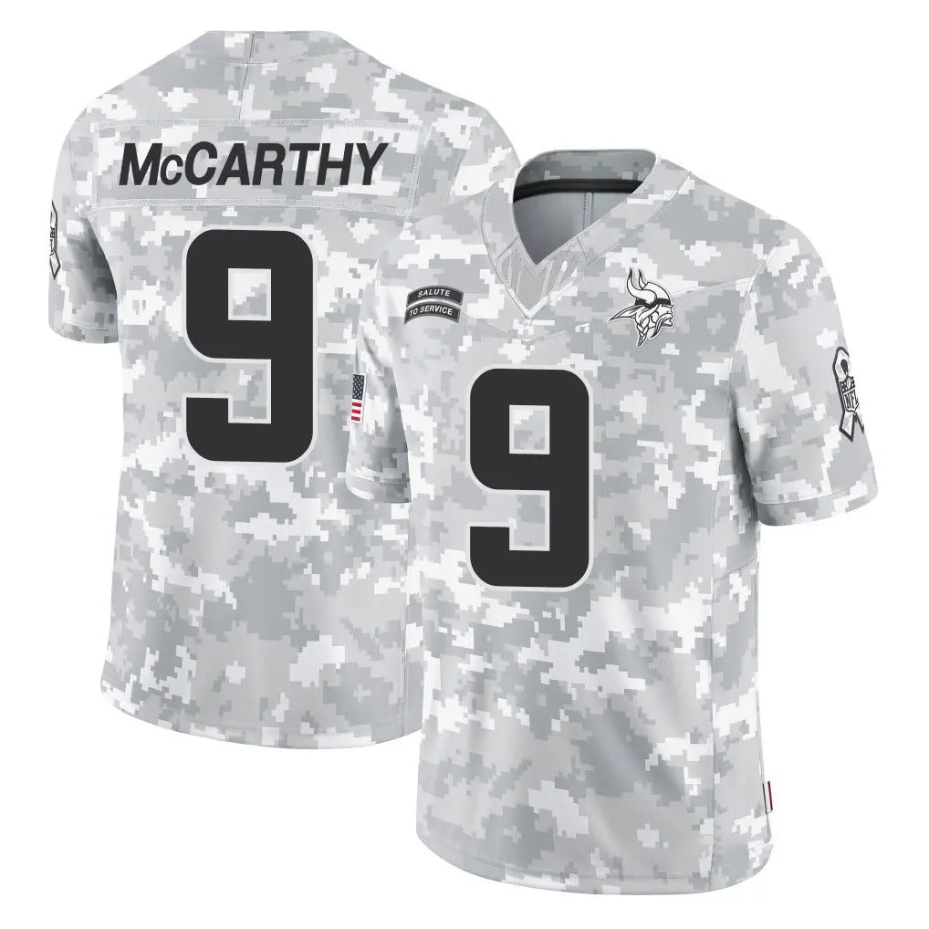 M.Vikings #9 J.J. McCarthy Player Arctic Camo Salute To Service Limited Game Gdoa Stitched Jerseys