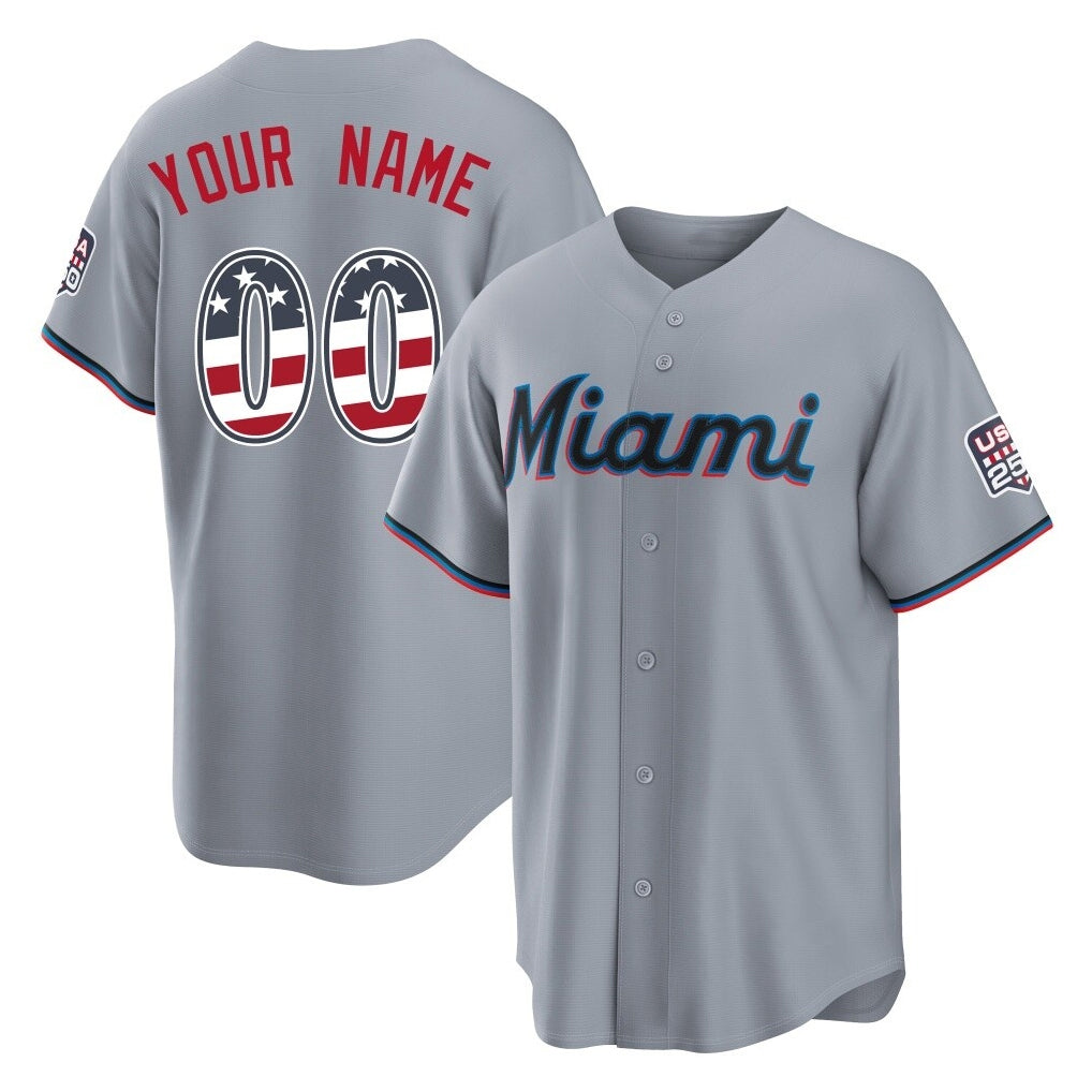 Custom M.Marlins Gray USA 250 Fourth of July Limited Home Game Any Name & Number Gdoa Stitched Jerseys