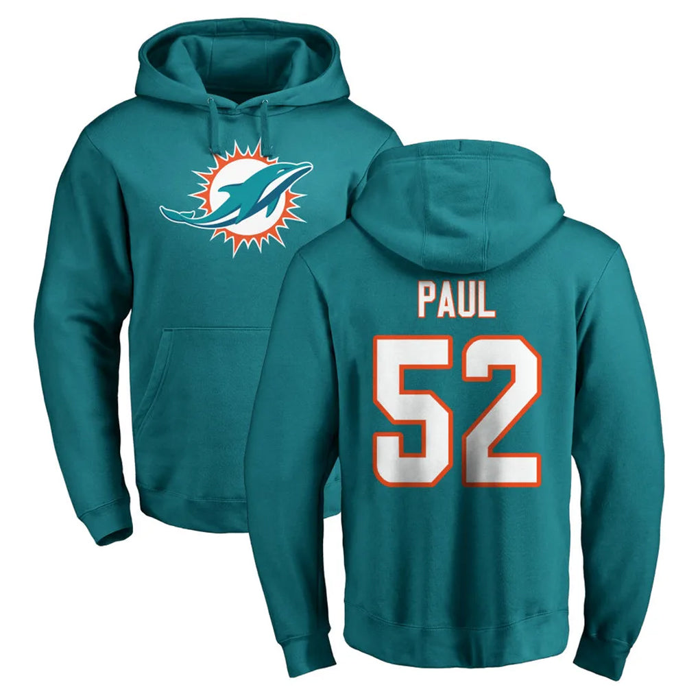 M.Dolphins #52 Patrick Paul Player Aqua LOGO Pullover Hoodies Limited Gdoa Stitched Jerseys