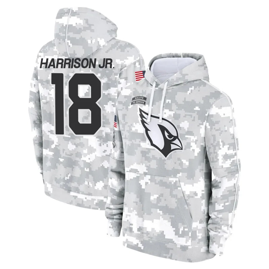 A.Cardinals #18 Marvin Harrison Jr. Player Camo Salute to Service Hoodies Gdoa Stitched Jerseys