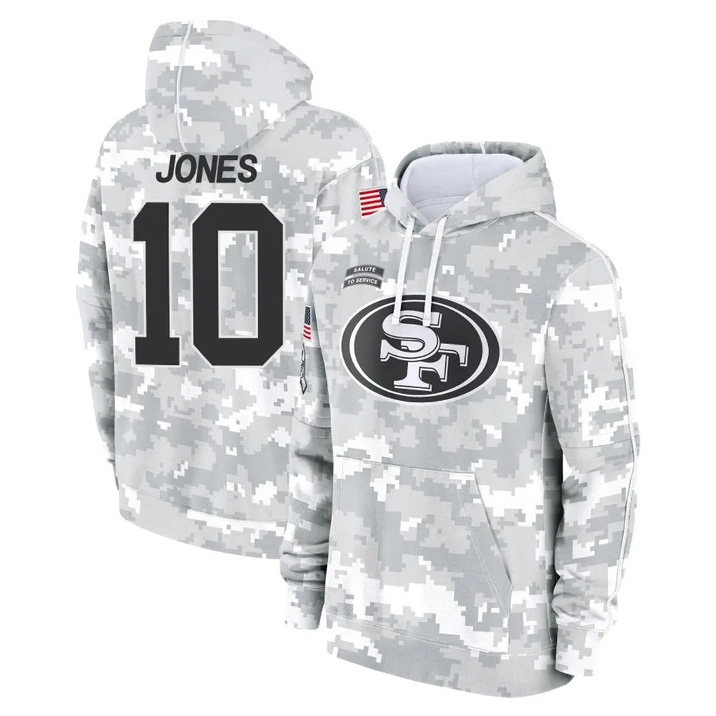 SF.49ers #10 Mac Jones Player Arctic Camo Limited Salute to Service Pullover Hoodies Game Gdoa Stitched Jerseys