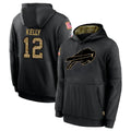 B.Bills #12 Jim Kelly Player Black Salute to Service Hoodies Hame Gdoa Stitched Jerseys