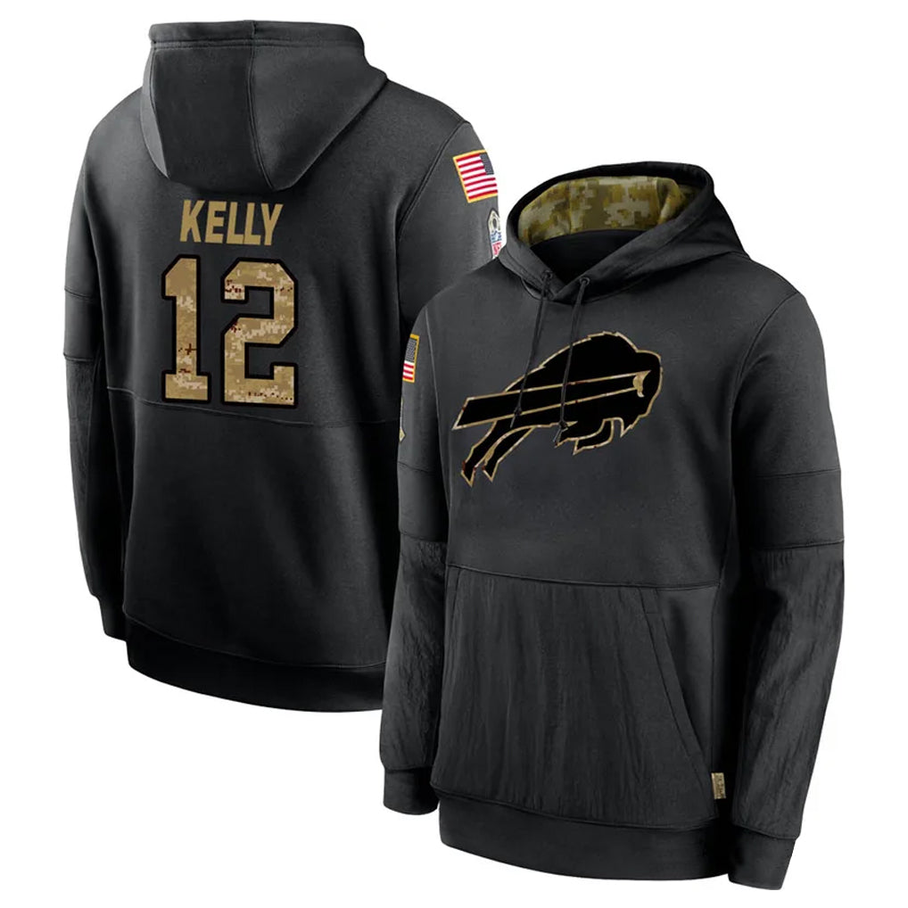 B.Bills #12 Jim Kelly Player Black Salute to Service Hoodies Hame Gdoa Stitched Jerseys