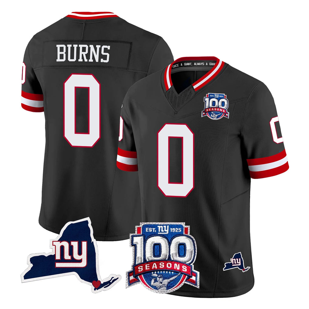 NY.Giants #0 Brian Burns Player Black 100th Season & State Patch Vapor Limited Home Game Gdoa Stitched Jerseys