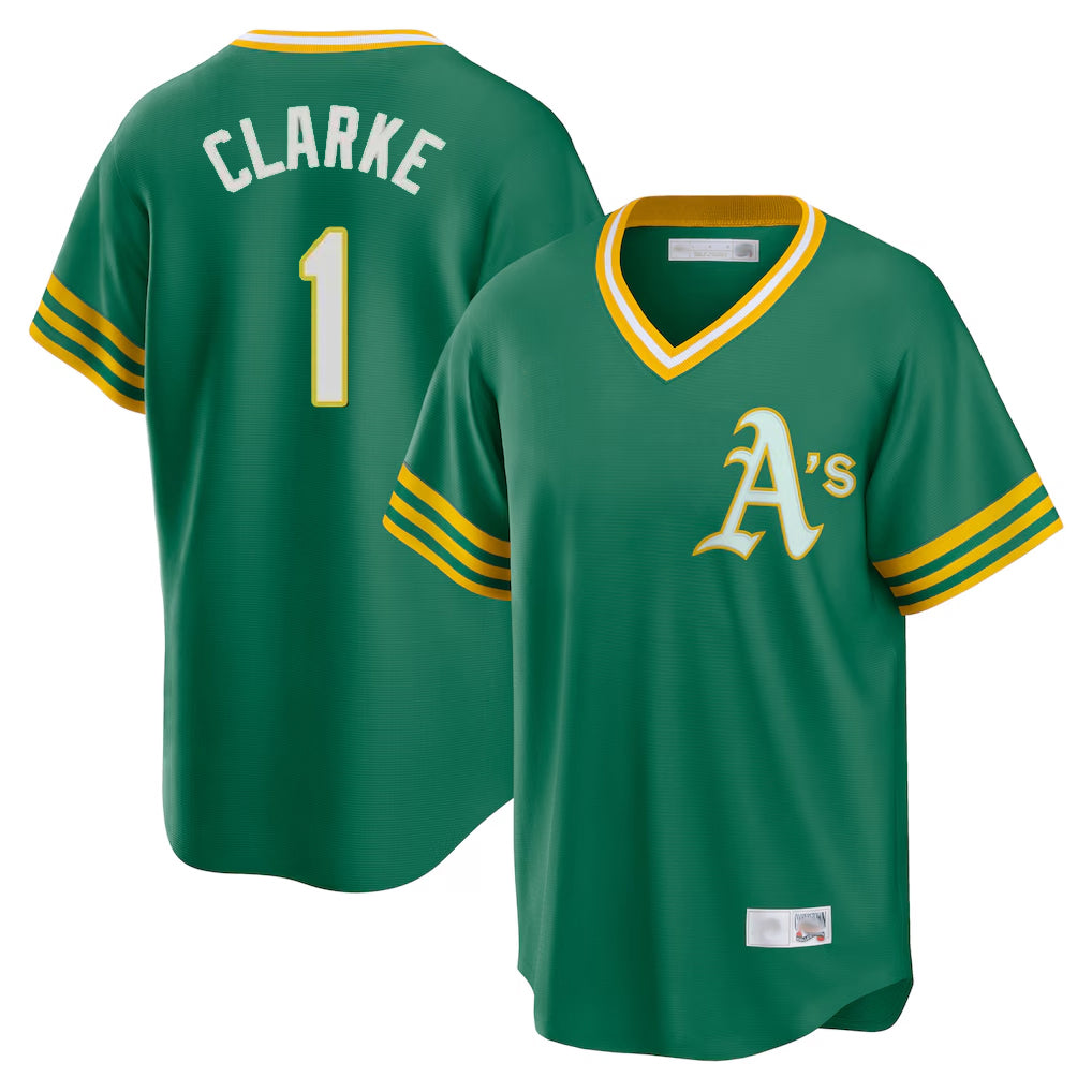 Athletics #1 Denzel Clarke Player Kelly Green Cooperstown Collection T-shirt Game Gdoa Stitched Jerseys