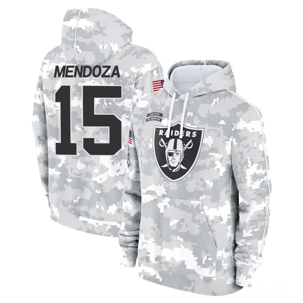 LV.Raiders #15 Fernando Mendoza Player Arctic Camo Salute to Service Hoodies Limited Game Gdoa Stitched Jerseys