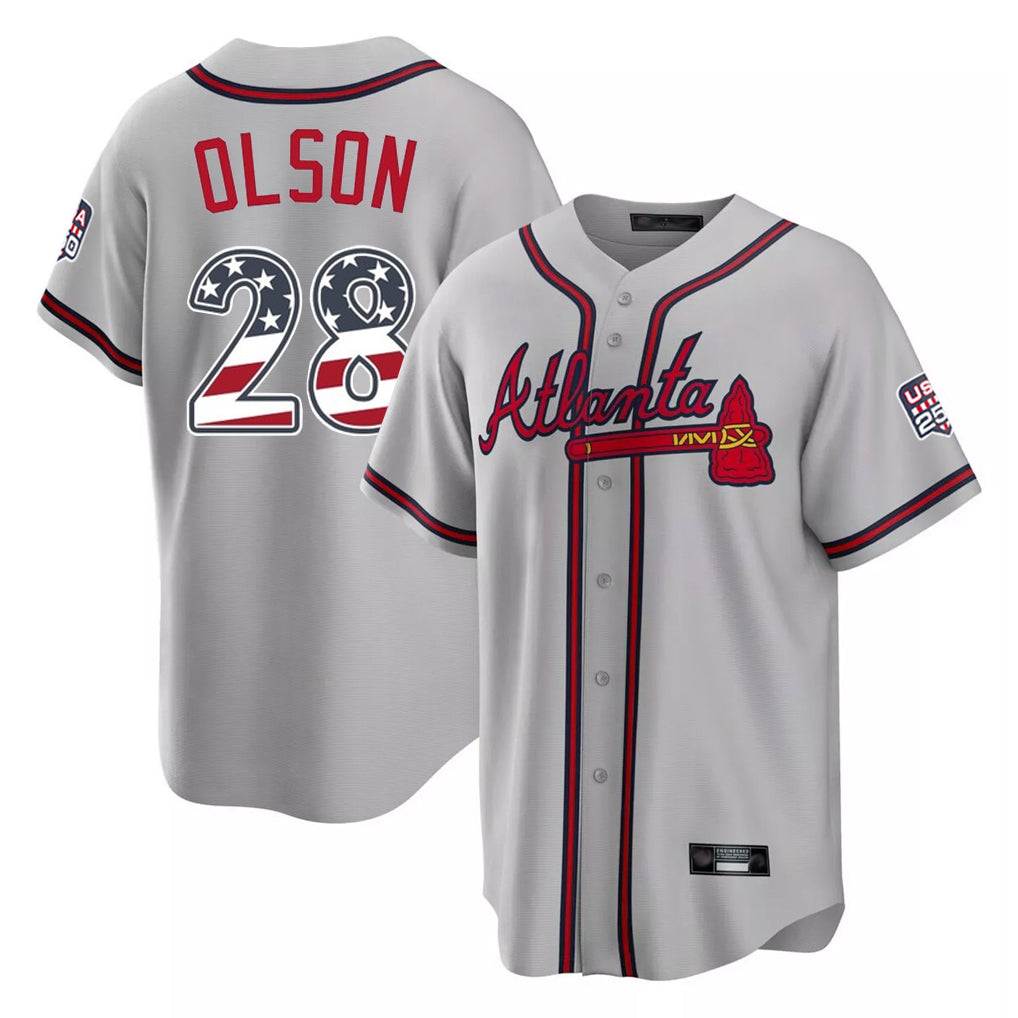 A.Braves #28 Matt Olson Player Gray USA 250 Fourth Of July Limited Home Game Gdoa250Ys Stitched Jerseys