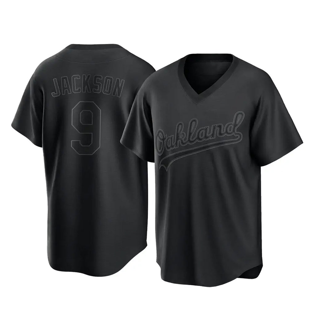 Athletics #9 Reggie Jackson Player Black Pitch Fashion T-shirt Home Game Gdoa Stitched Jerseys