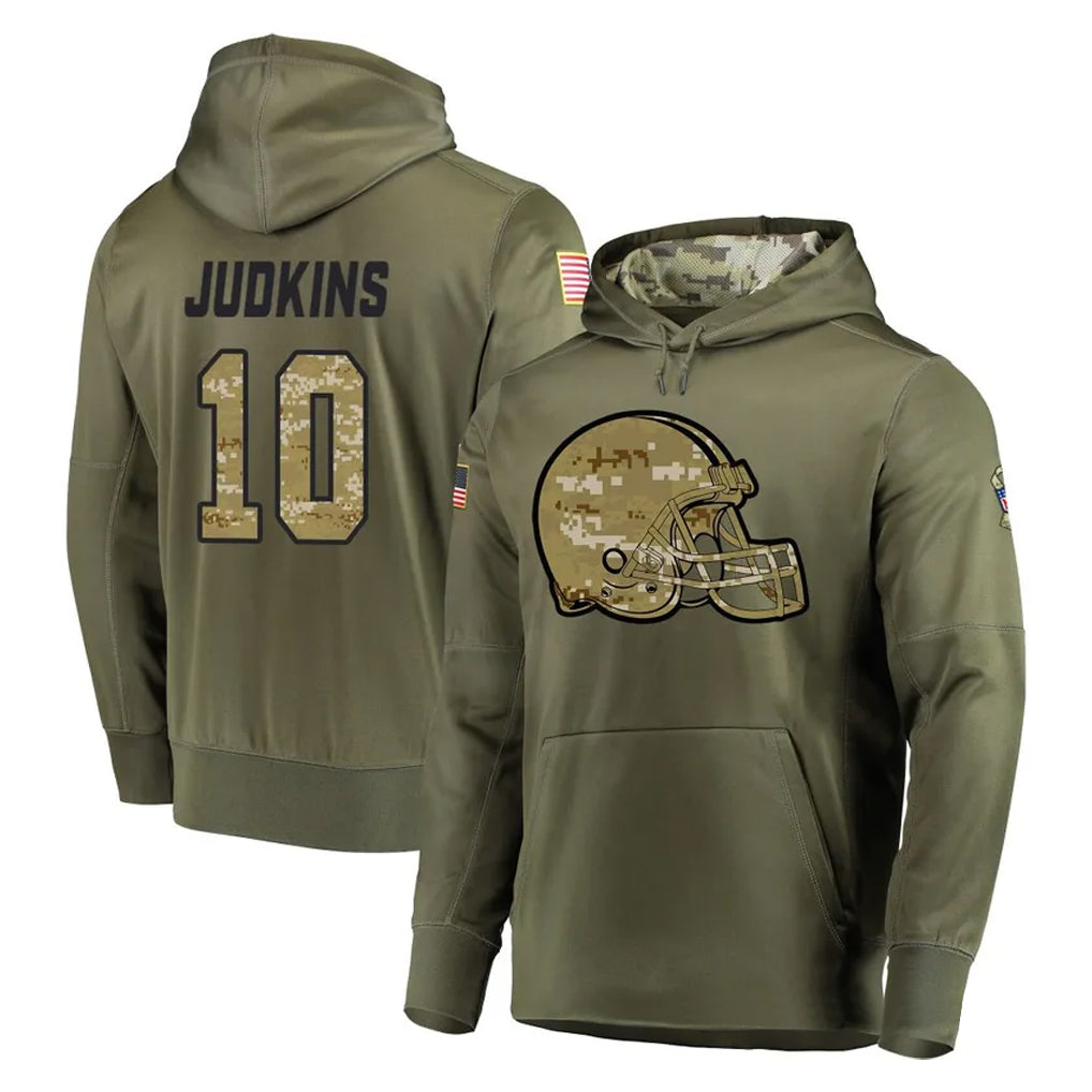 C.Browns #10 Quinshon Judkins Player Olive Salute to Service Pullover Hoodies Home Game Gdoa Stitched Jerseys