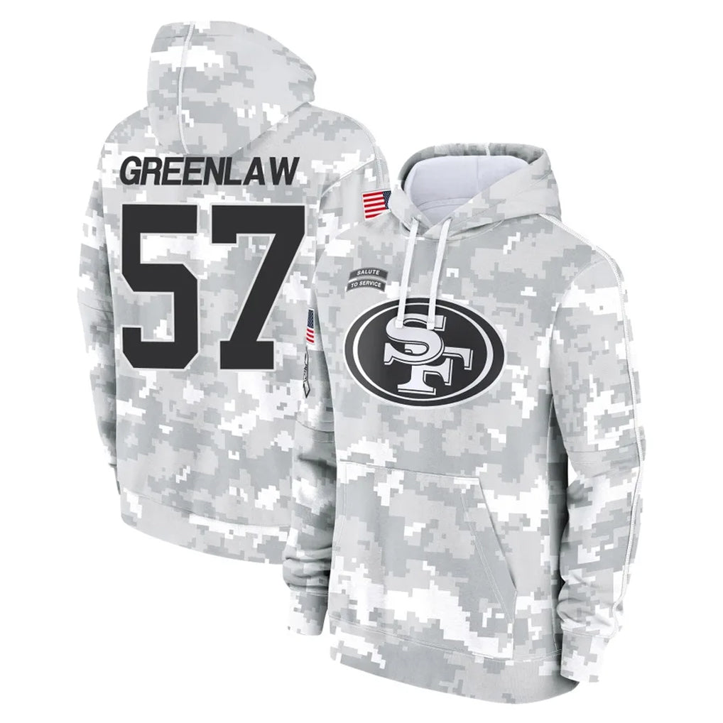 SF.49ers #57 Dre Greenlaw Player Arctic Camo Limited Salute to Service Pullover Hoodies Game Gdoa Stitched Jerseys