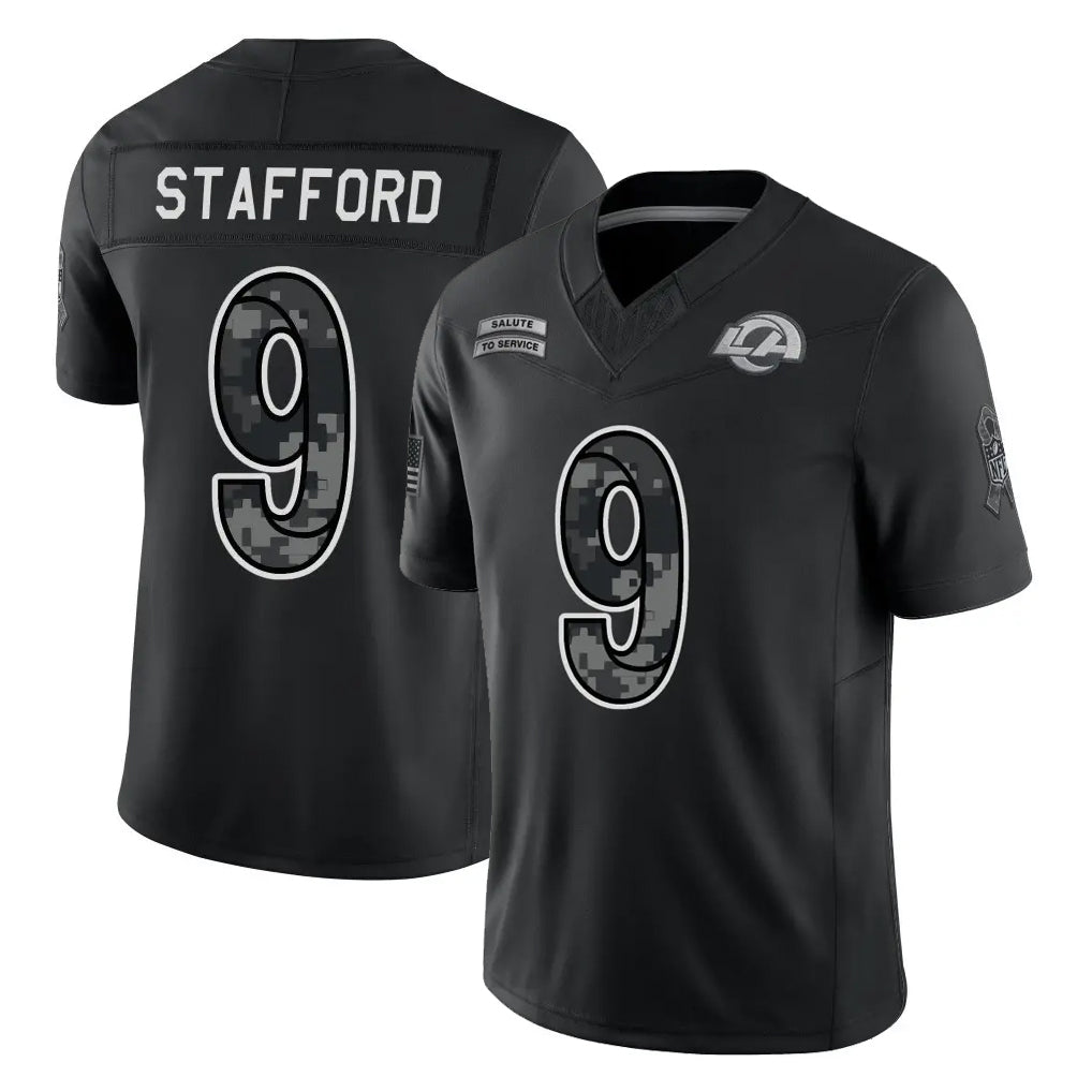 LA.Rams #9 Matthew Stafford Player Black Limited 2026 Salute to Service Home Game Gdoa Stitched Jerseys