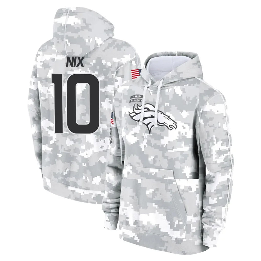D.Broncos #10 Bo Nix Player Arctic Camo Salute to Service Hoodies Limited Game Gdoa Stitched Jerseys