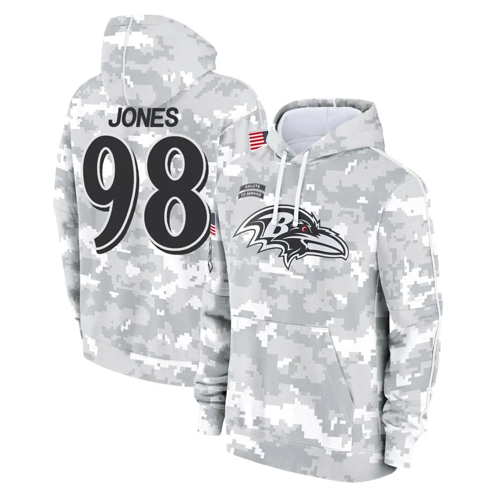 B.Ravens #98 Travis Jones Player Arctic Camo Salute to Service Pullover Hoodie Gdoa Stitched Jerseys