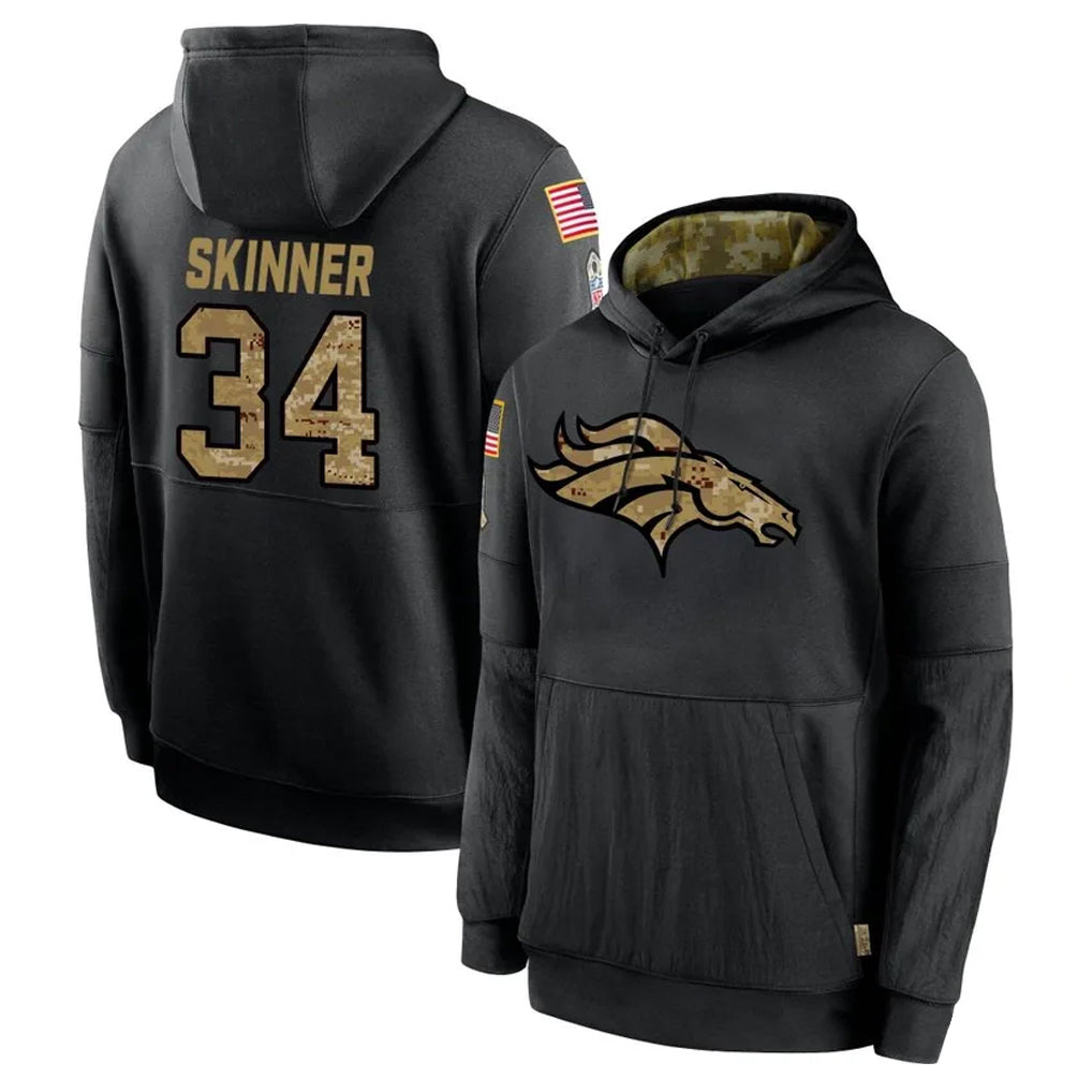 D.Broncos #34 JL Skinner Player Black Salute to Service Pullover Hoodies Limited Gdoa Stitched Jerseys