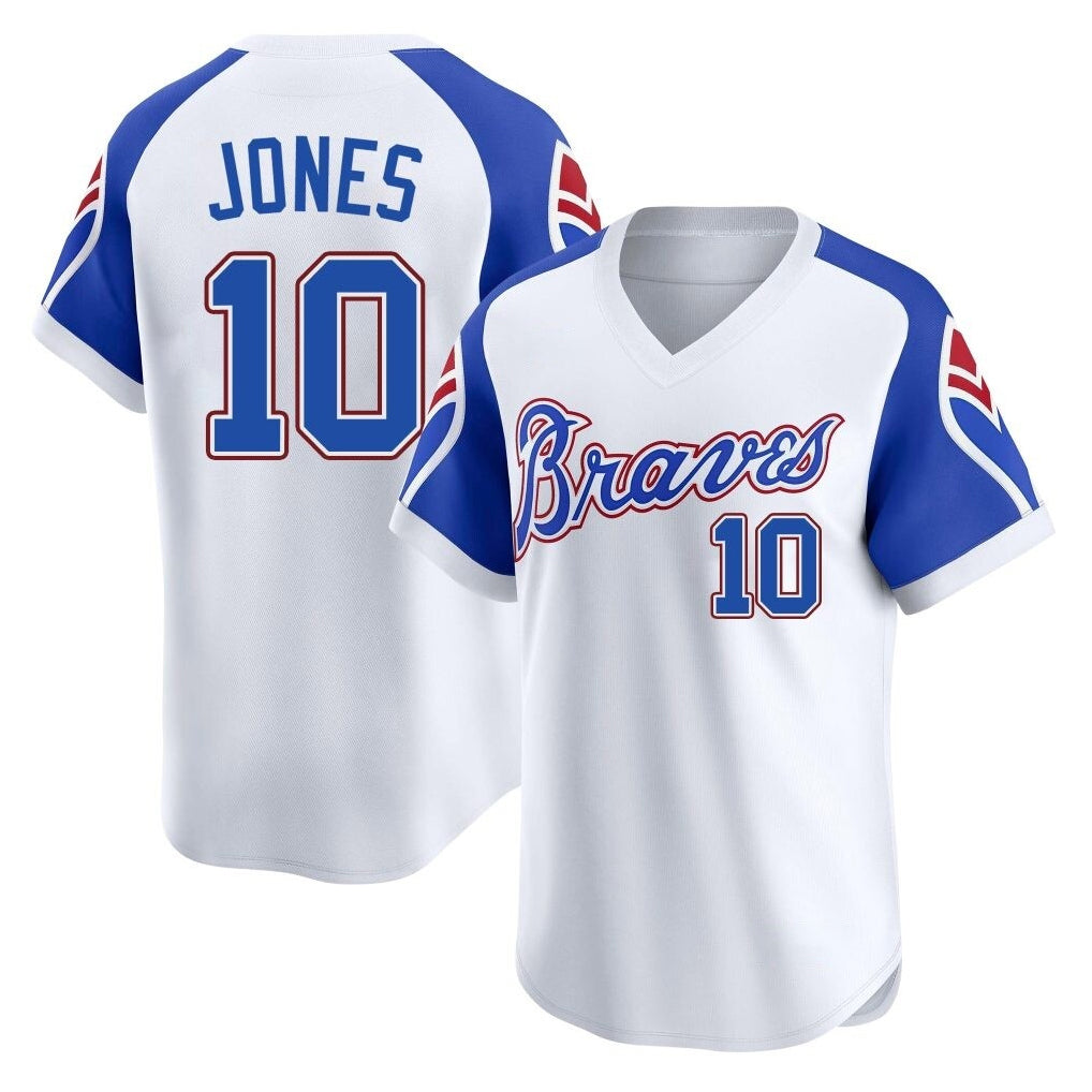 A.Braves #10 Chipper Jones Player White Throwback Cooperstown Collection T-shirt Game Gdoa Stitched Jerseys
