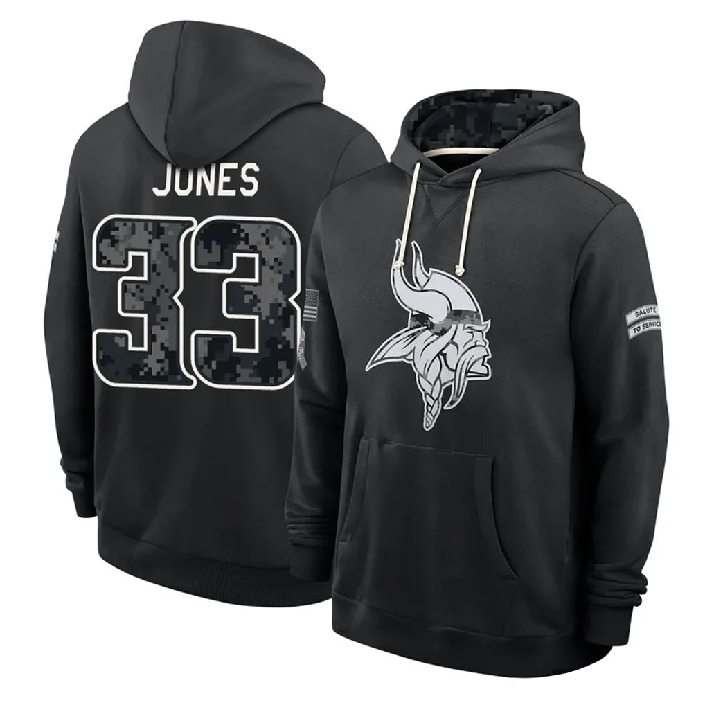 MN.Vikings #33 Aaron Jones Sr. Player 2026 Black Logo Pullover Hoodies Limited Game Gdoa Stitched Jerseys