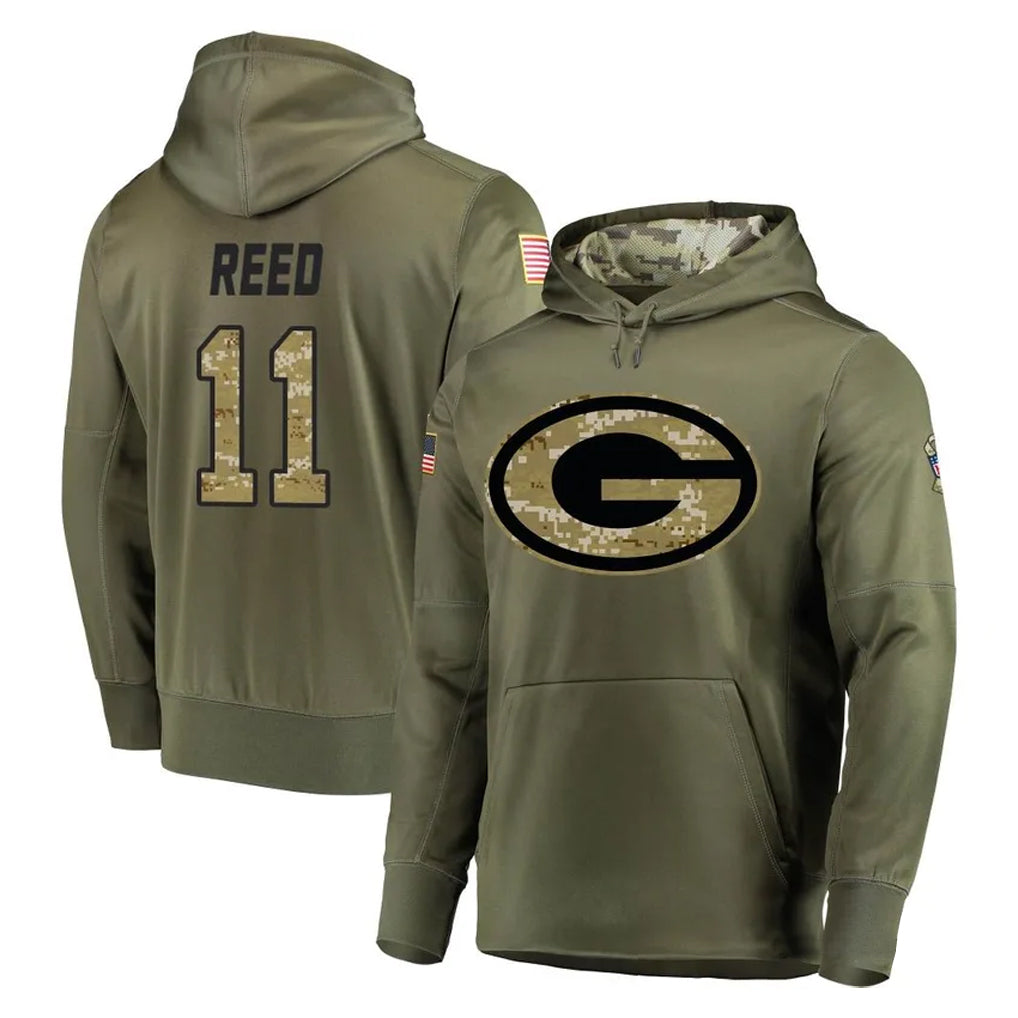 GB.Packers #11 Jayden Reed Player Olive Salute to Service Pullover Hoodies Home Game Gdoa Stitched Jerseys