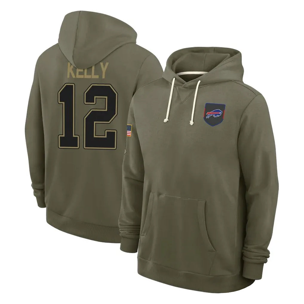 B.Bills #12 Jim Kelly Player Olive Salute to Service Hoodies Gdoa Stitched Jerseys