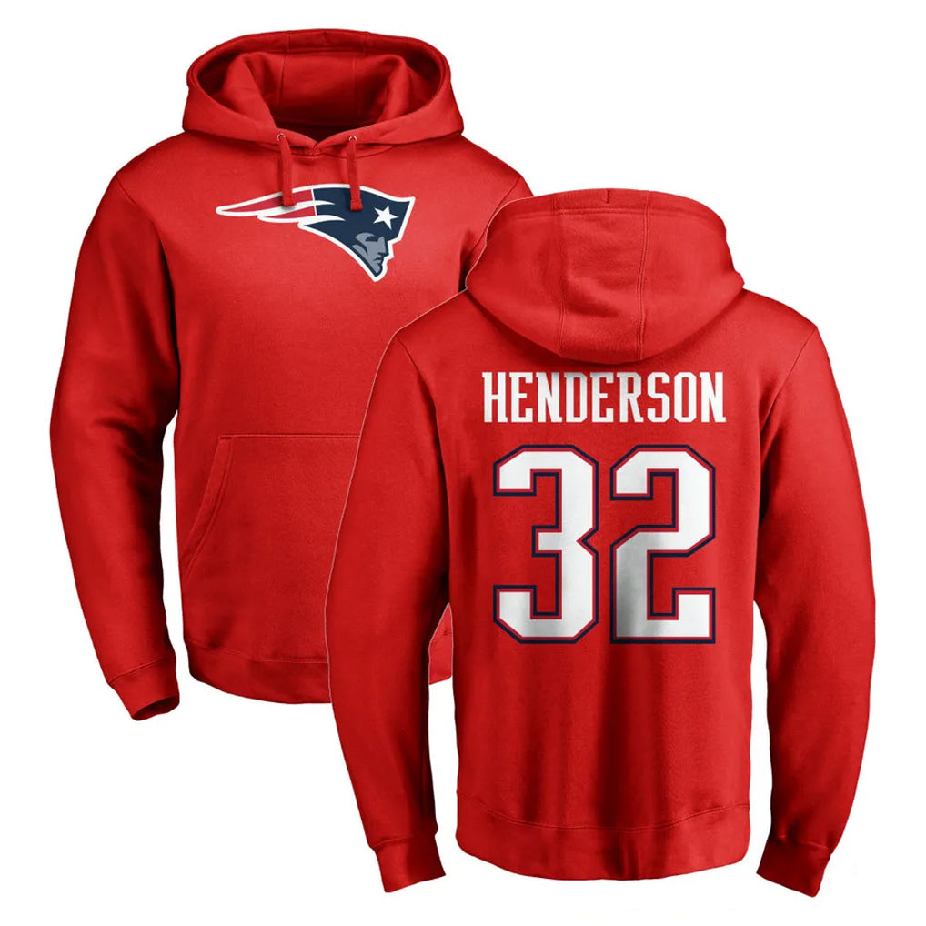 NE.Patriots #32 TreVeyon Henderson Player Red LOGO Pullover Hoodies Home Game Gdoa Stitched Jerseys