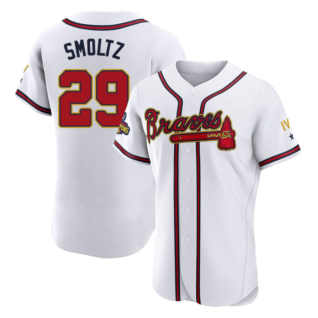 A.Braves #29 John Smoltz Player White Gold Limited Elite Home Game Gdoa Stitched Jerseys