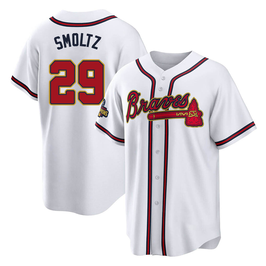 A.Braves #29 John Smoltz Player White Gold Home Game Gdoa Stitched Jerseys