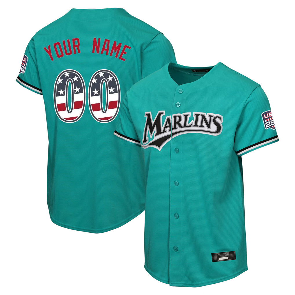 Custom M.Marlins Teal Cooperstown Collection USA 250 Fourth of July Limited Home Game Any Name & Number Gdoa Stitched Jerseys