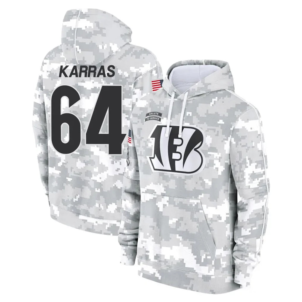 C.Bengals #64 Ted Karras Player Arctic Camo Salute to Service Pullover Hoodie Limited Gdoa Stitched Jerseys