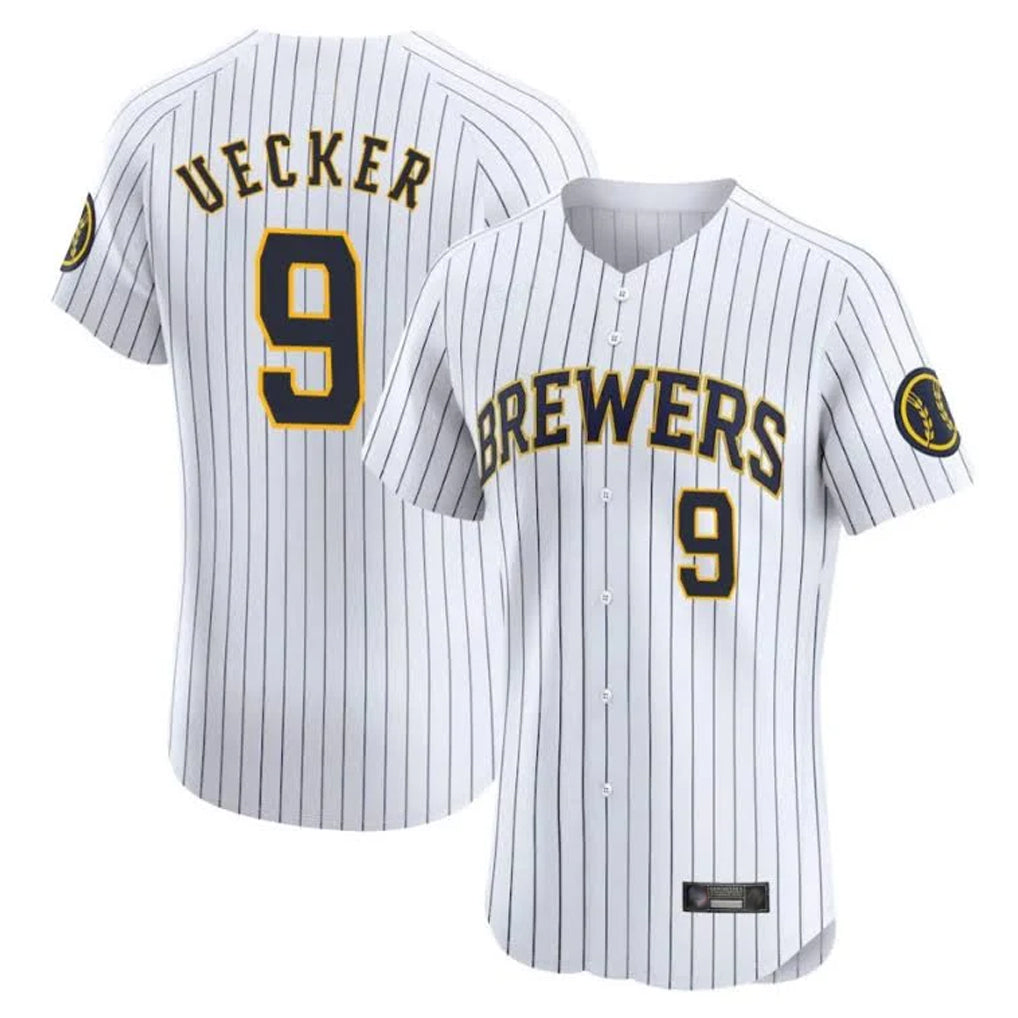 M.Brewers #9 Bob Uecker Player White Stripes Home Limited Elite Fdoa Stitched Jerseys