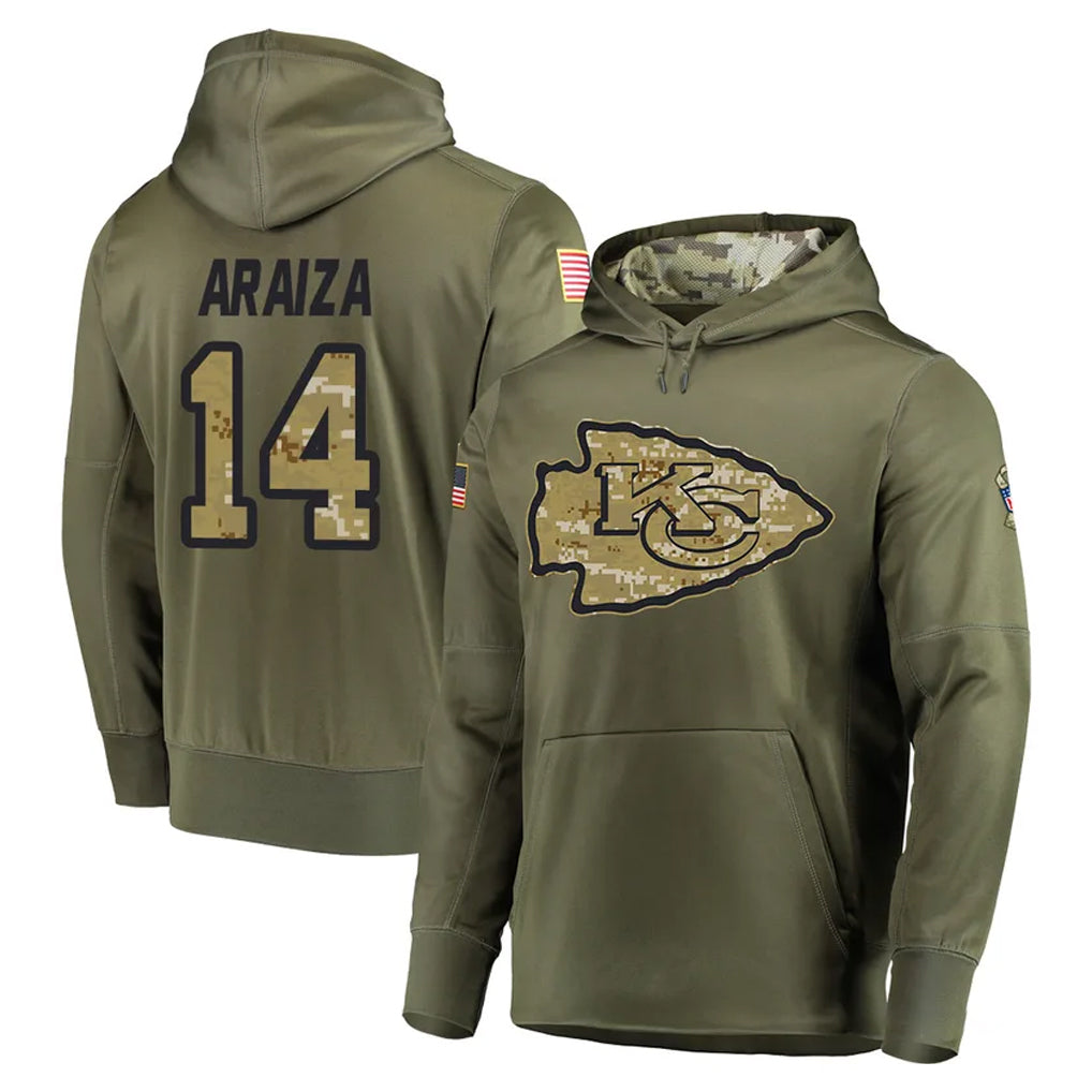 KC.Chiefs #14 Matt Araiza Player Olive Salute to Service Pullover Hoodies Home Game Gdoa Stitched Jerseys